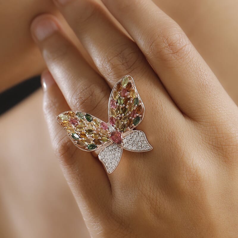 GP Multi Tourmaline and White Zircon 5.22 ctw Ring in 18K Vermeil Rose Gold Over Sterling Silver (Size 9.0)