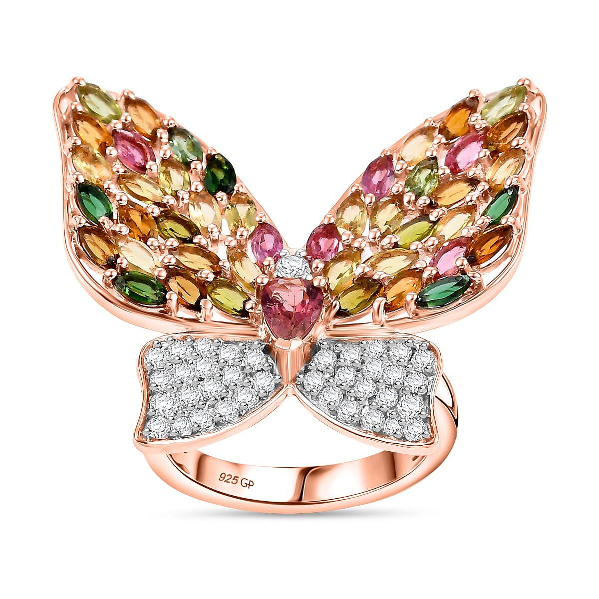GP Multi Tourmaline and White Zircon 5.22 ctw Ring in 18K Vermeil Rose Gold Over Sterling Silver (Size 9.0)