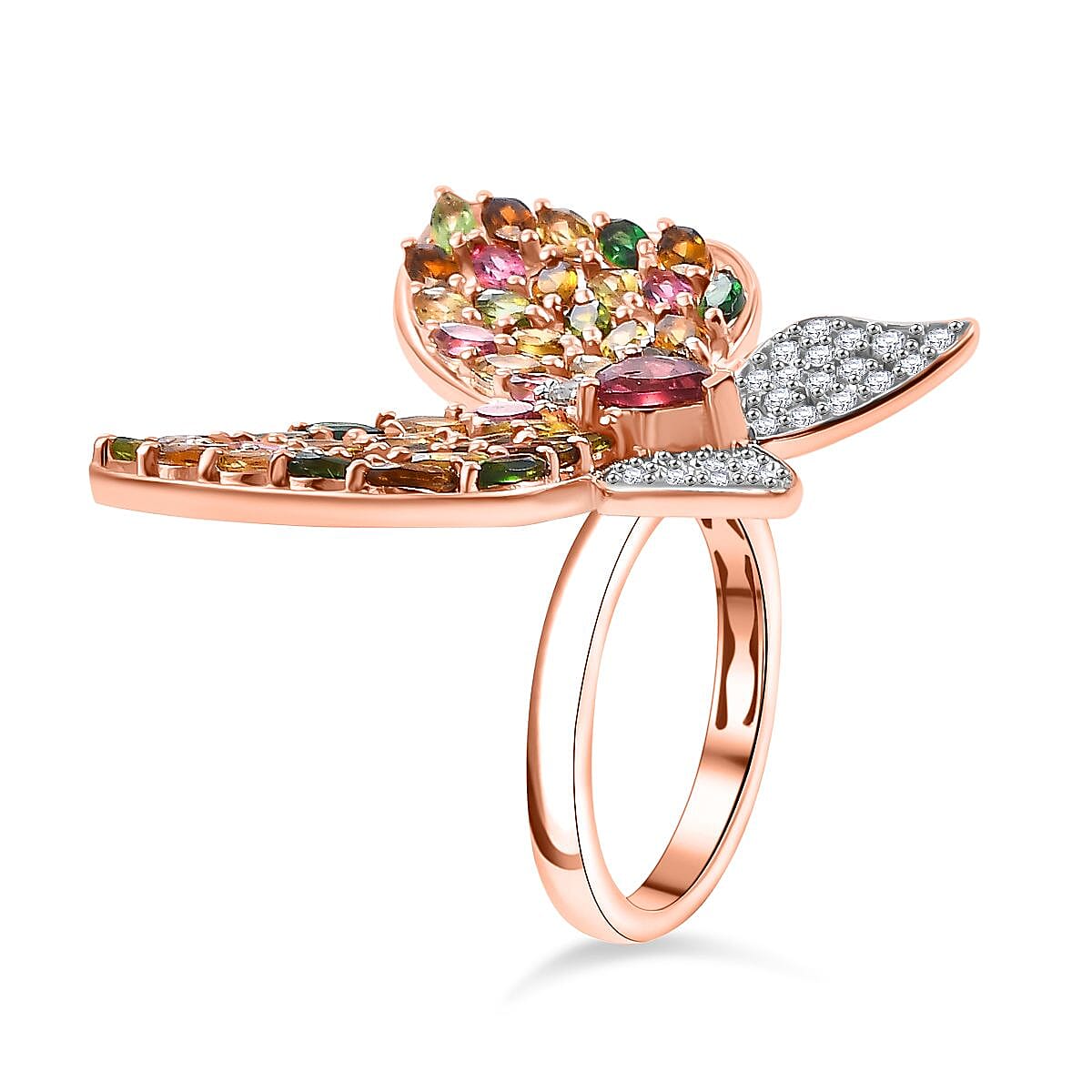 GP Multi Tourmaline and White Zircon 5.22 ctw Ring in 18K Vermeil Rose Gold Over Sterling Silver (Size 9.0)