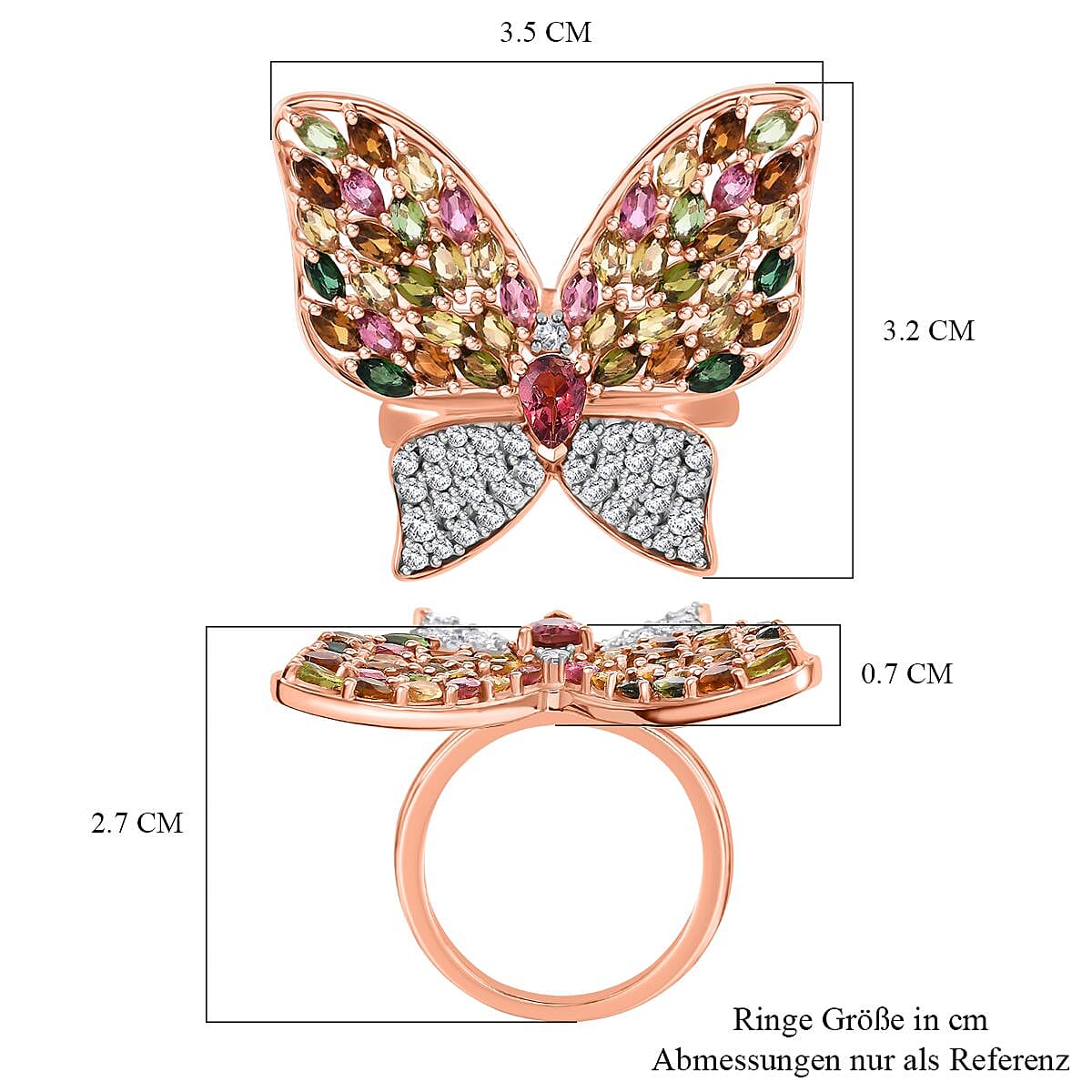 GP Multi Tourmaline and White Zircon 5.22 ctw Ring in 18K Vermeil Rose Gold Over Sterling Silver (Size 9.0)