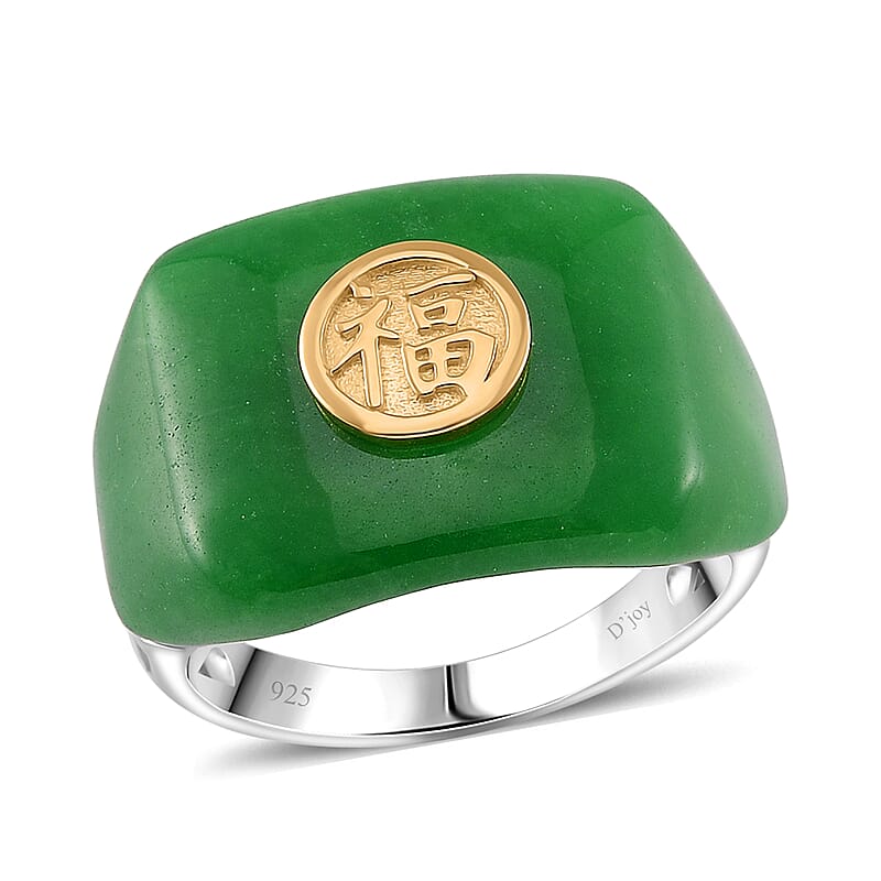 D'Joy Green Jade (D) 30.90 ctw Fu Happiness Mens Ring in Vermeil YG and Rhodium Over Sterling Silver (Size 10.0)