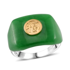 D'Joy Green Jade (D) 30.90 ctw Fu Happiness Mens Ring in Vermeil YG and Rhodium Over Sterling Silver (Size 12.0)