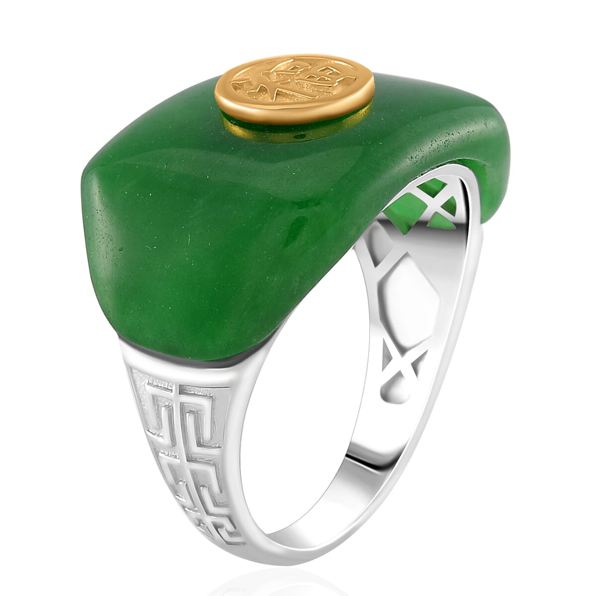 Green Jade (D) 30.90 ctw Mens Ring in Vermeil YG and Rhodium Over Sterling Silver (Size 14.0) image number 3