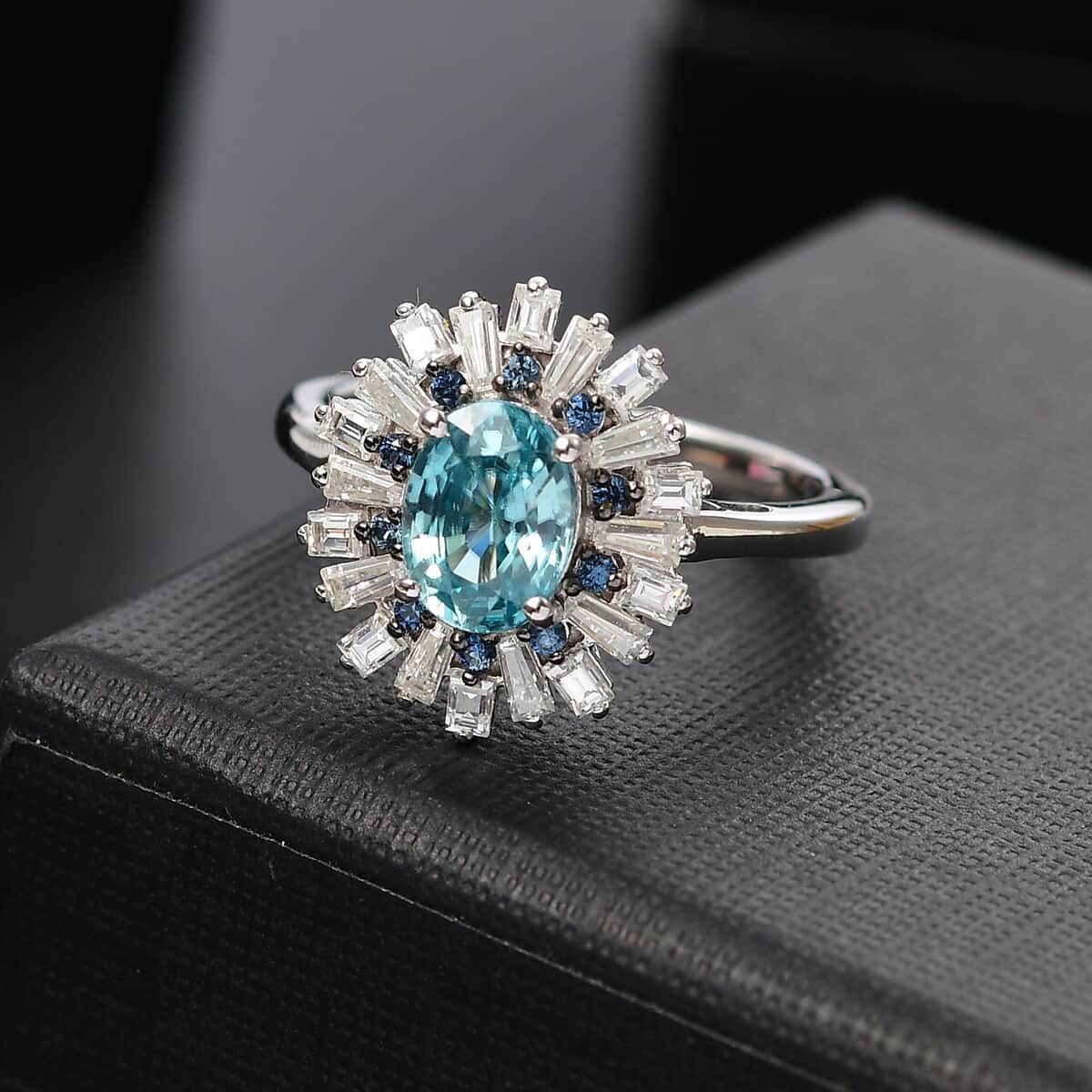 Premium Cambodian Blue Zircon and Multi Gemstone 2.65 ctw Ocean Radiance Ring in Rhodium Over Sterling Silver (Size 10.0) (Del. in 10-12 Days) image number 1