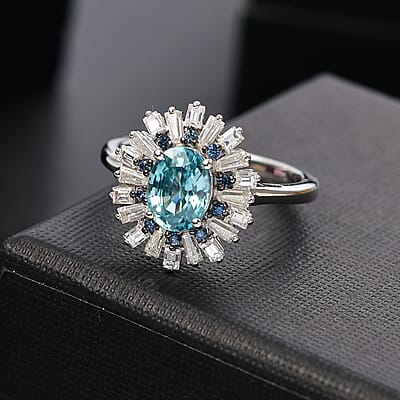 Premium Cambodian Blue Zircon and Multi Gemstone 2.65 ctw Ocean Radiance Ring in Rhodium Over Sterling Silver (Size 10.0) (Del. in 10-12 Days)