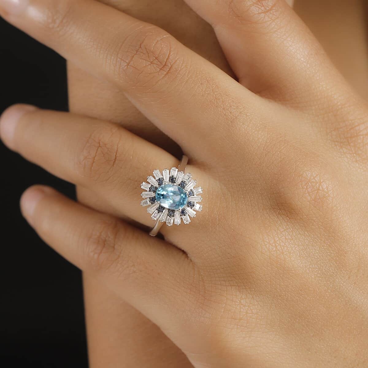 Premium Cambodian Blue Zircon and Multi Gemstone 2.65 ctw Ocean Radiance Ring in Rhodium Over Sterling Silver (Size 10.0) (Del. in 10-12 Days) image number 2