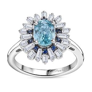 Premium Cambodian Blue Zircon and Multi Gemstone 2.65 ctw Ocean Radiance Ring in Rhodium Over Sterling Silver (Size 6.0) (Del. in 10-12 Days)