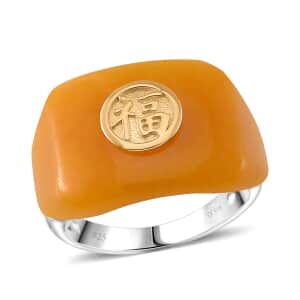 Yellow Jade (D) 29.50 ctw Men's Ring in Vermeil YG and Rhodium Over Sterling Silver (Size 13.0)