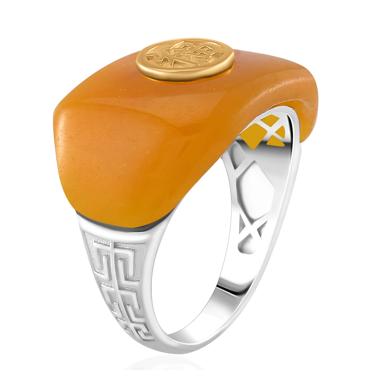 Yellow Jade (D) 31.15 ctw Mens Ring in Vermeil YG and Rhodium Over Sterling Silver (Size 14.0) image number 3