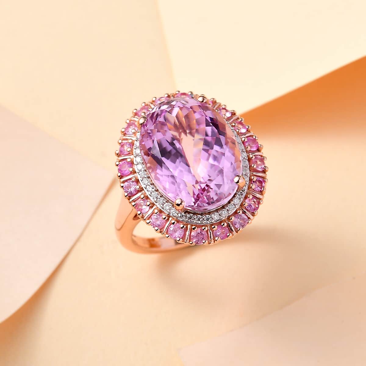 Premium Martha Rocha Kunzite and Multi Gemstone 13.90 ctw Double Halo Ring in 18K Vermeil Rose Gold Over Sterling Silver (Size 7.0) image number 1