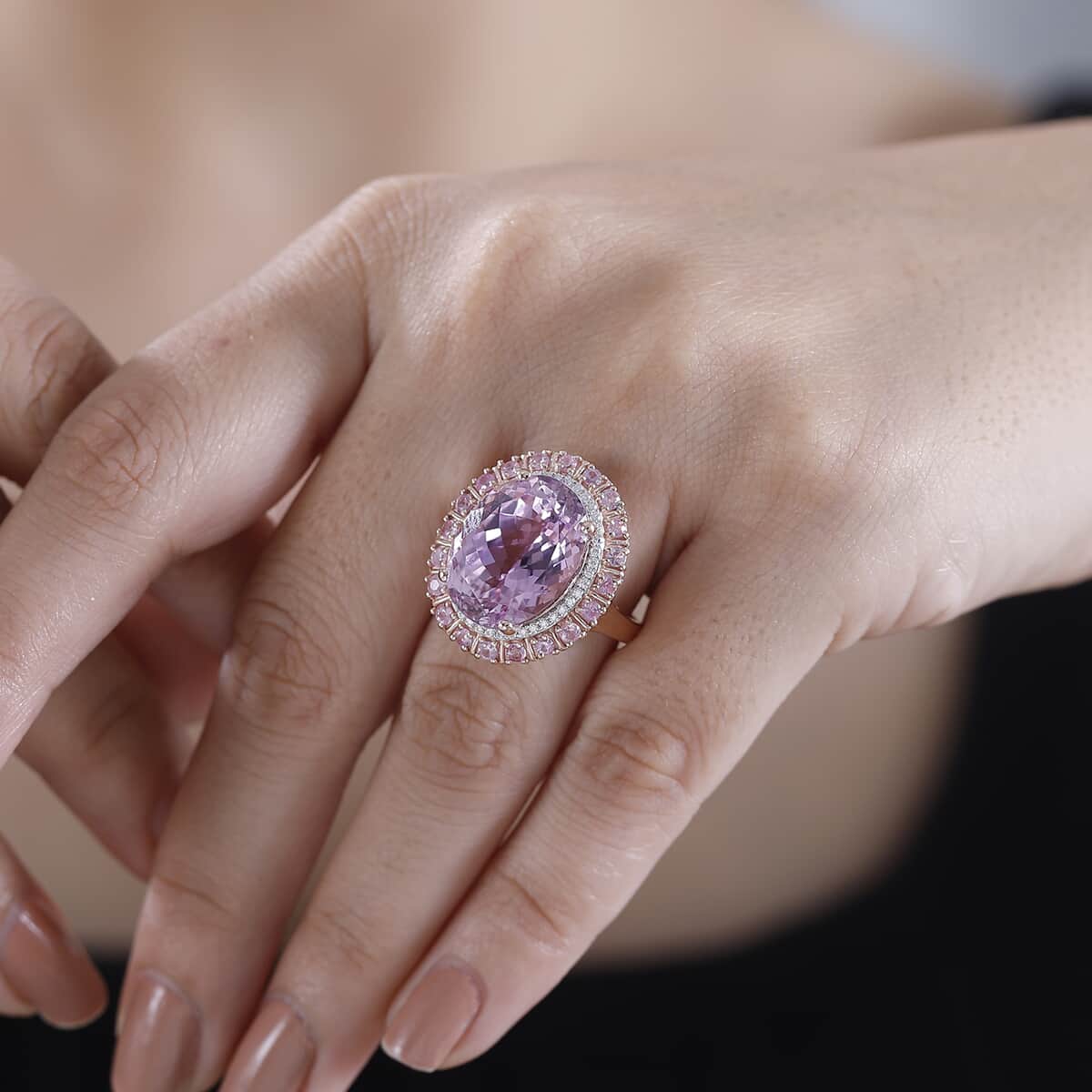 Premium Martha Rocha Kunzite and Multi Gemstone 13.90 ctw Double Halo Ring in 18K Vermeil Rose Gold Over Sterling Silver (Size 7.0) image number 2