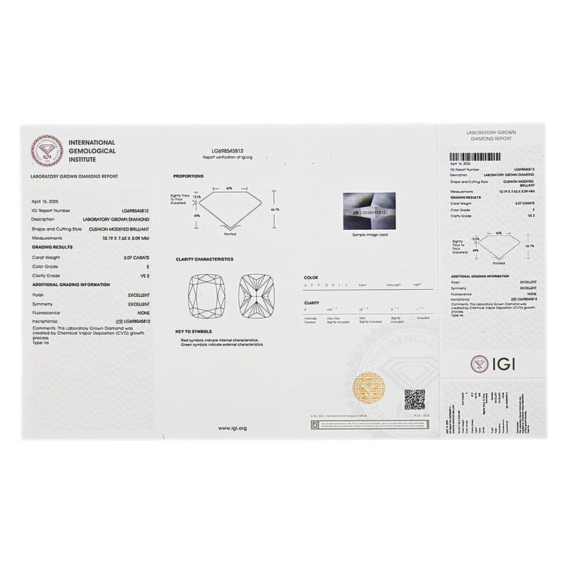 IGI Certified 3.00 ctw Lab Grown Diamond Loose Gemstone – H VS2 (Cushion Mix)
