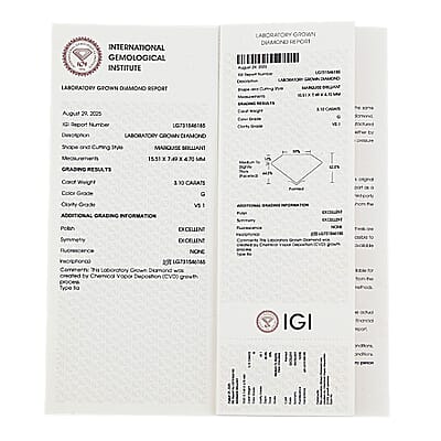 IGI Certified 3.00 ctw Lab Grown Diamond Loose Gemstone – H VS2 (Marquise Mix)