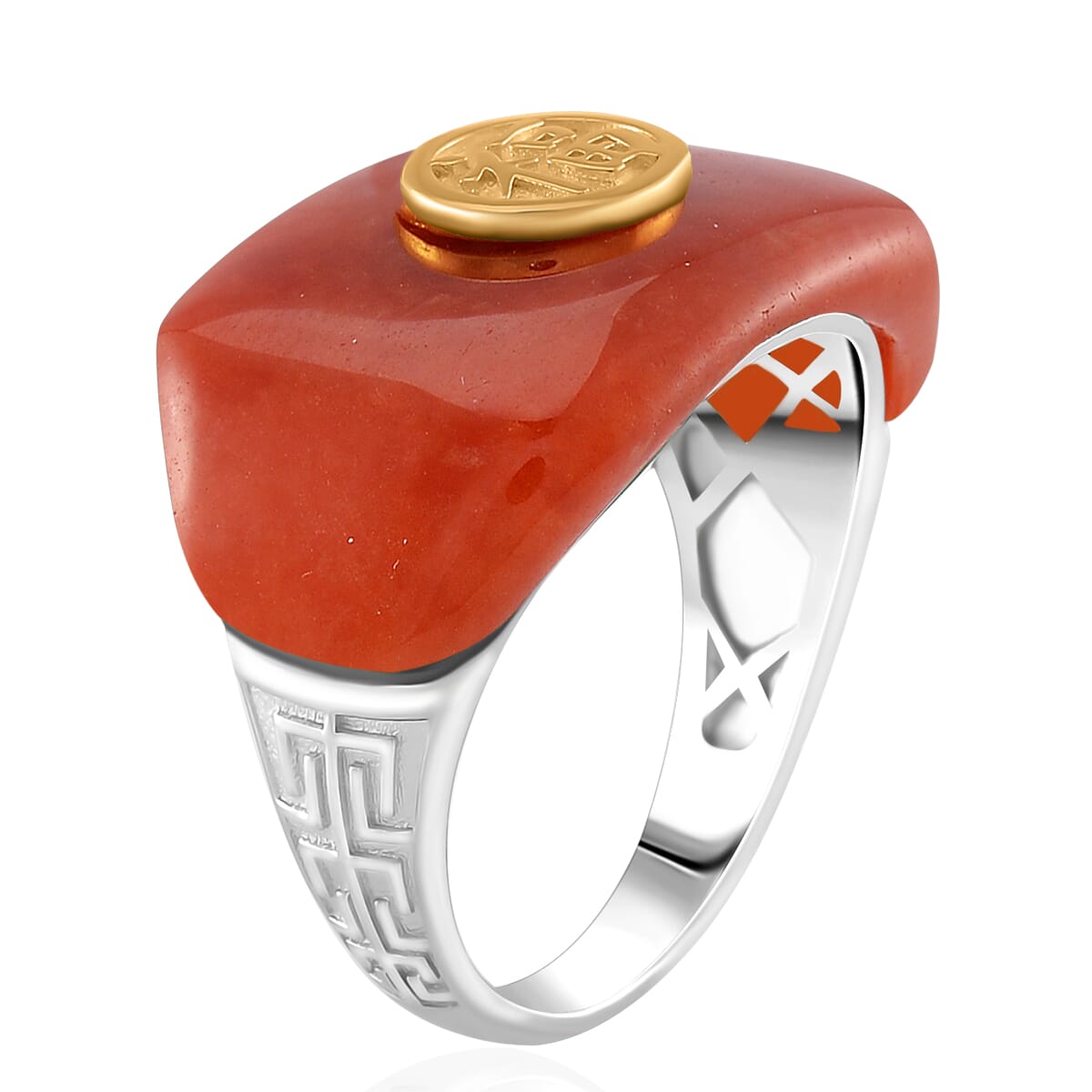Red Jade (D) 31.30 ctw Mens Ring in Vermeil YG and Rhodium Over Sterling Silver (Size 14.0) image number 3