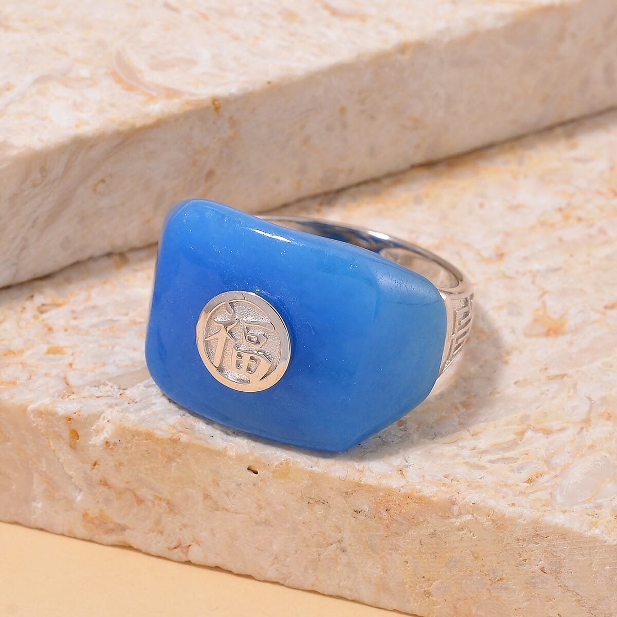 Blue Jade (D) 30.75 ctw Mens Ring in Rhodium Over Sterling Silver (Size 9.0) image number 1