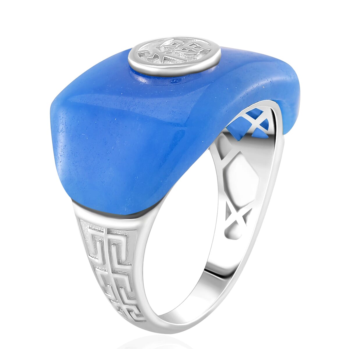 Blue Jade (D) 30.75 ctw Mens Ring in Rhodium Over Sterling Silver (Size 9.0) image number 3