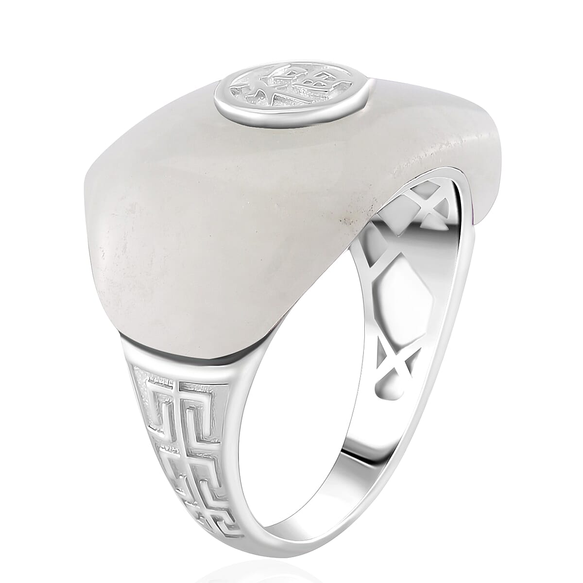 D'Joy Natural Jade 31.25 ctw Fu Happiness Mens Ring in Rhodium Over Sterling Silver (Size 10.0)