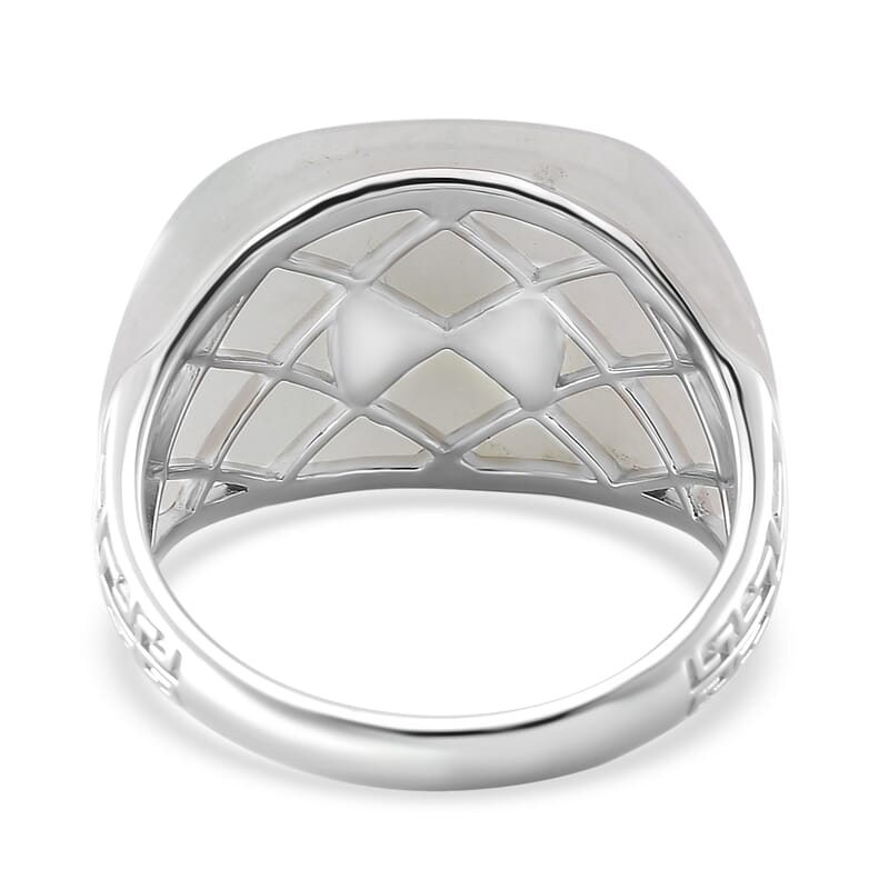 D'Joy Natural Jade 31.25 ctw Fu Happiness Mens Ring in Rhodium Over Sterling Silver (Size 10.0)