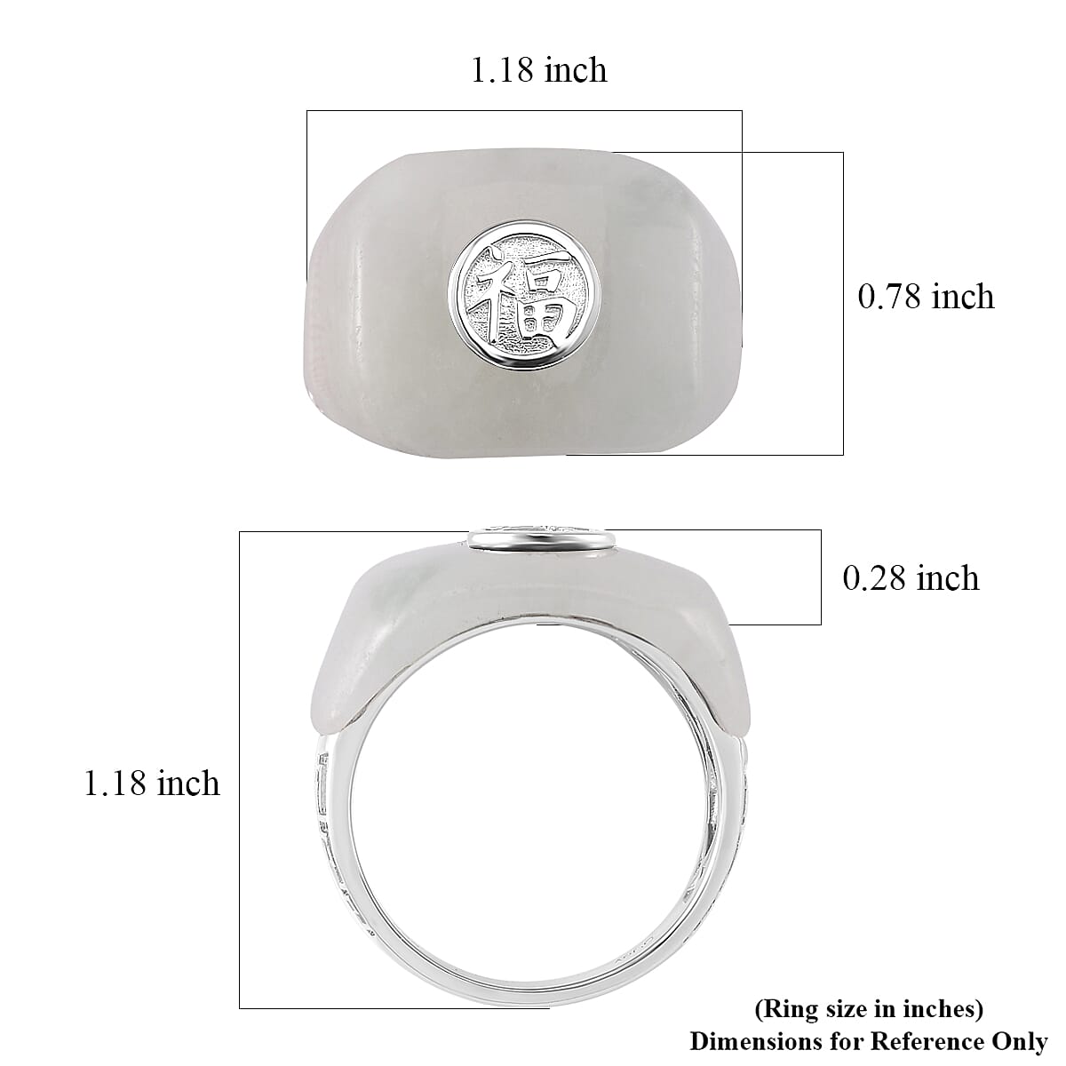 D'Joy Natural Jade 31.25 ctw Fu Happiness Mens Ring in Rhodium Over Sterling Silver (Size 10.0)