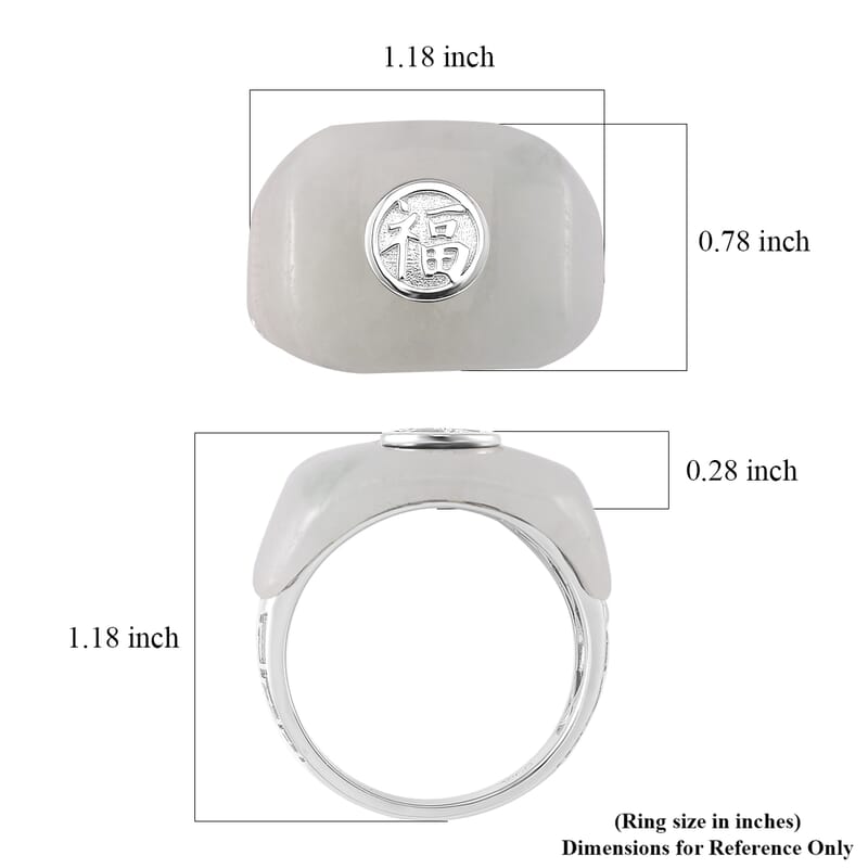 D'Joy Natural Jade 31.25 ctw Fu Happiness Mens Ring in Rhodium Over Sterling Silver (Size 10.0)