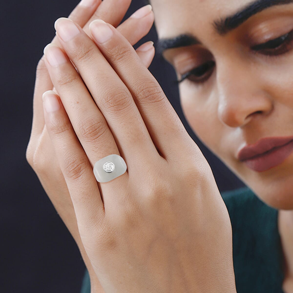 Natural Jade 31.25 ctw Mens Ring in Rhodium Over Sterling Silver (Size 12.0) image number 2