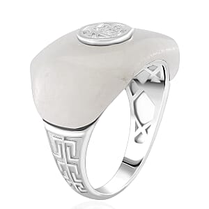 D'Joy Natural Jade 31.25 ctw Fu Happiness Mens Ring in Rhodium Over Sterling Silver (Size 12.0)