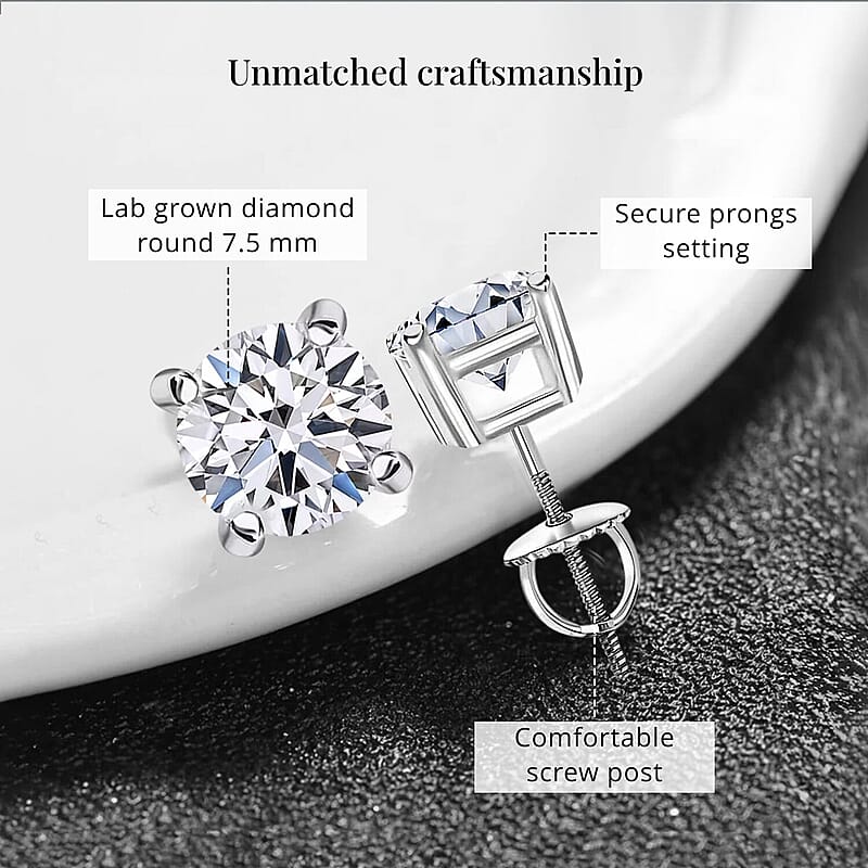 IGI Certified Luxuriant Lab Grown Diamond E-F VS 3.00 ctw Solitaire Stud Earrings in 14K White Gold