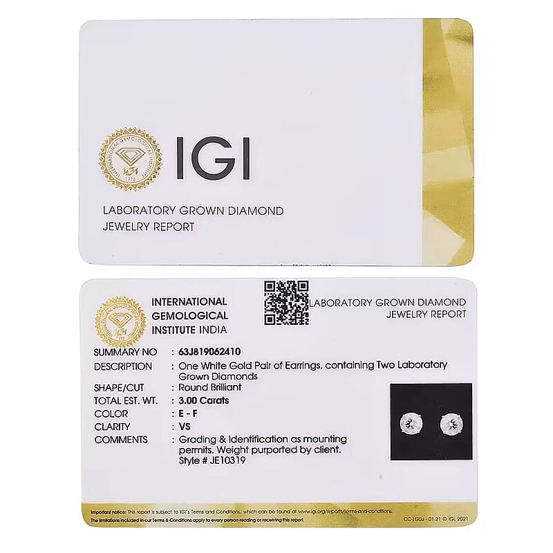 IGI Certified Luxuriant Lab Grown Diamond E-F VS 3.00 ctw Solitaire Stud Earrings in 14K White Gold
