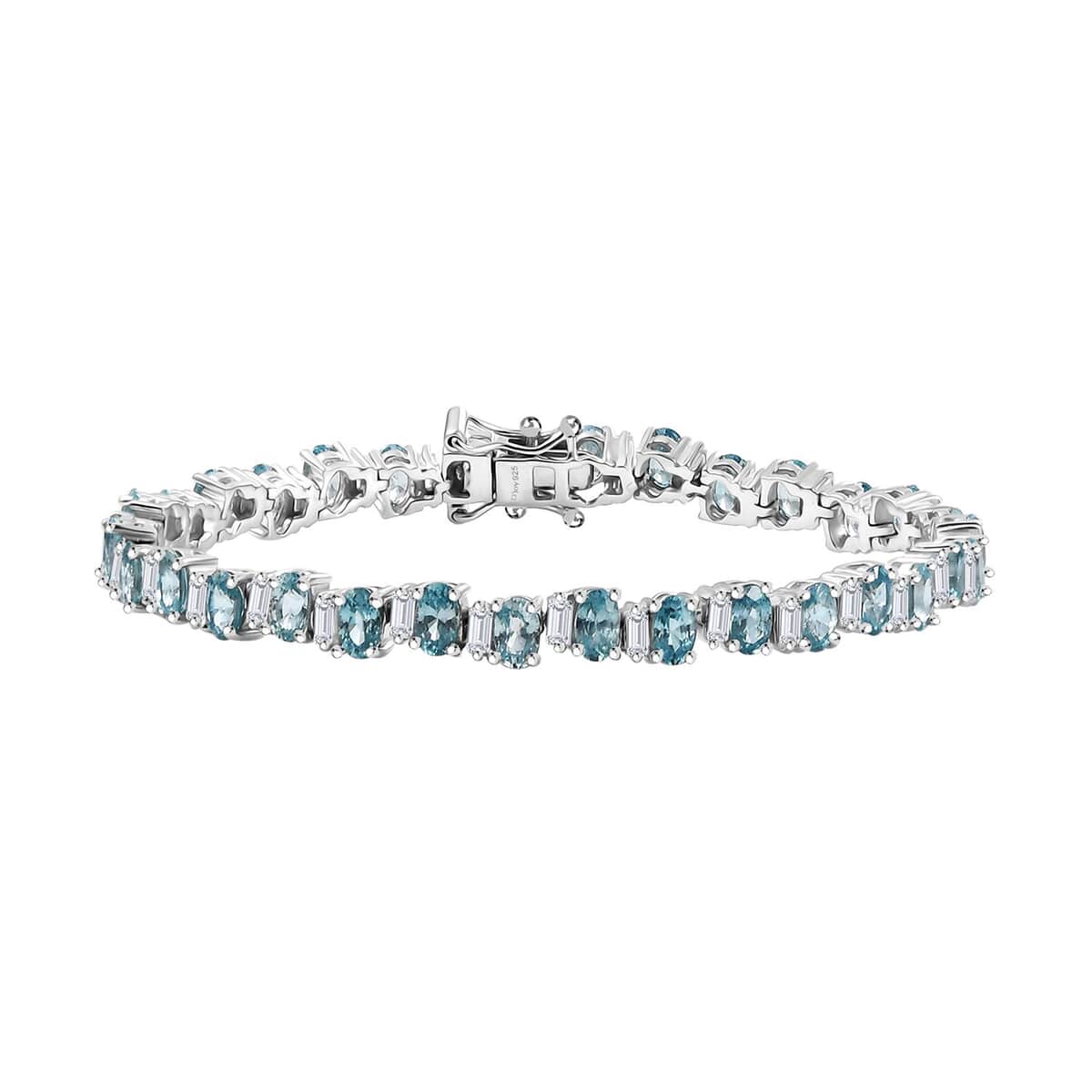 Premium Cambodian Blue Zircon and Moissanite 14.85 ctw Sea Wave Bracelet in Rhodium Over Sterling Silver (6.50 In) (Del. in 10-12 Days) image number 0