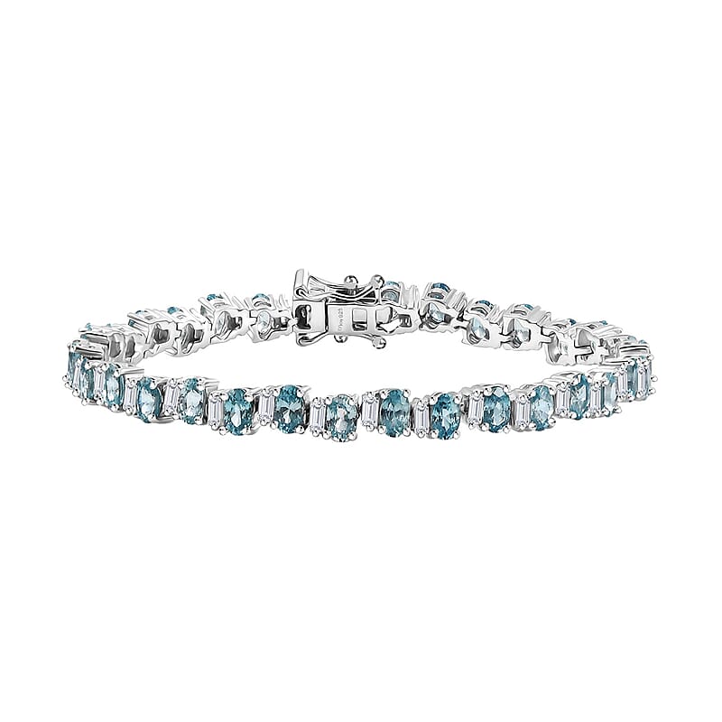 D'Joy Premium Cambodian Blue Zircon and Moissanite 14.85 ctw Sea Wave Bracelet in Rhodium Over Sterling Silver (6.50 In) (Del. in 10-12 Days)