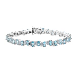 Premium Cambodian Blue Zircon and Moissanite 14.60 ctw Sea Wave Bracelet in Rhodium Over Sterling Silver (7.25 In)