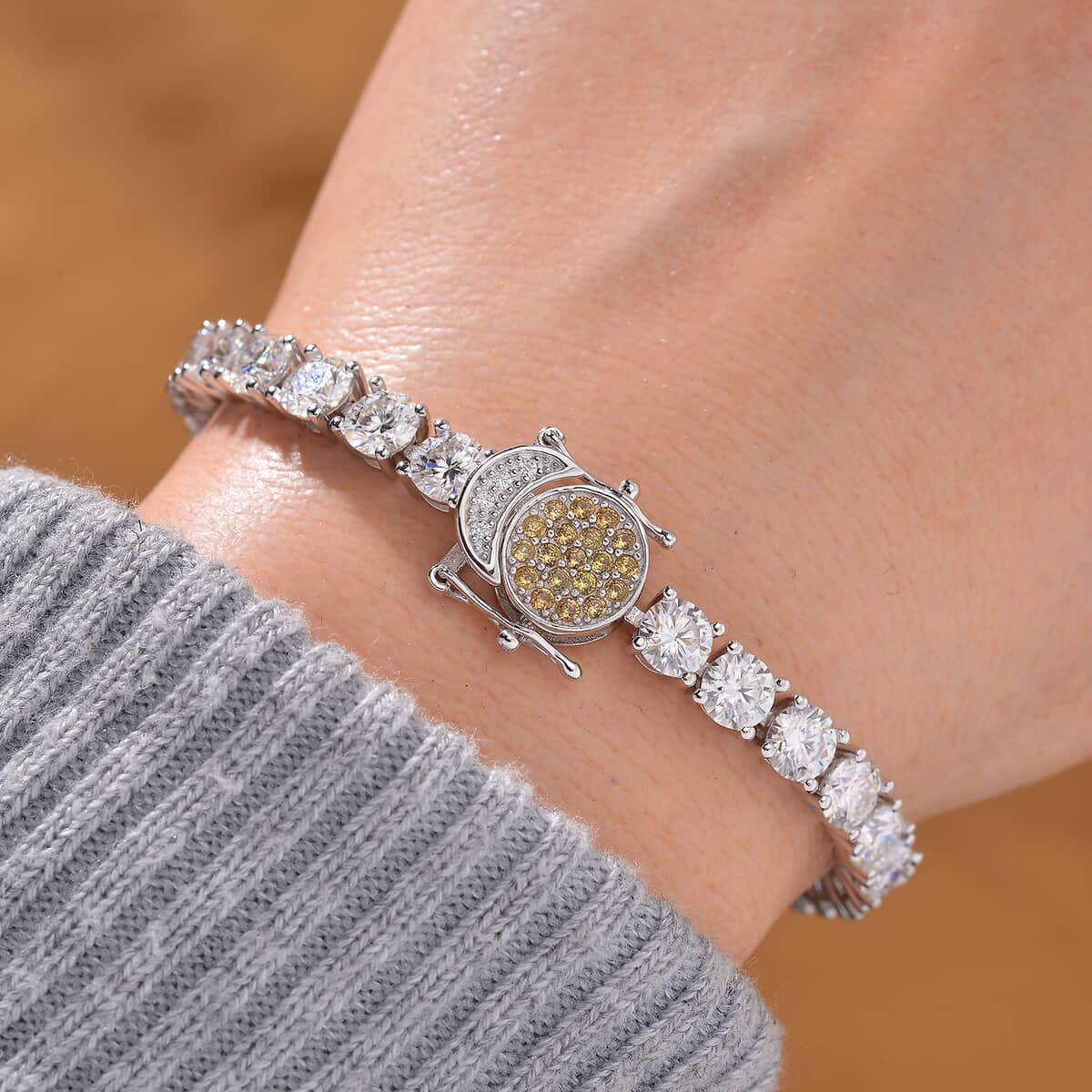 Doorbuster Moissanite and Yellow Sapphire 13.10 ctw Tennis Bracelet with Sun & Moon Lock in Rhodium Over Sterling Silver (6.50 In) image number 2