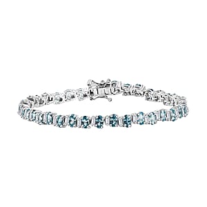 D'Joy Premium Cambodian Blue Zircon and Moissanite 18.25 ctw Sea Wave Bracelet in Rhodium Over Sterling Silver (8.00 In)