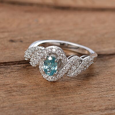 D'Joy Premium Cambodian Blue Zircon and Moissanite 1.20 ctw Infinity Ring in Rhodium Over Sterling Silver (Size 10.0)