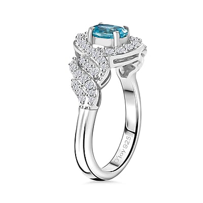 D'Joy Premium Cambodian Blue Zircon and Moissanite 1.20 ctw Infinity Ring in Rhodium Over Sterling Silver (Size 10.0)
