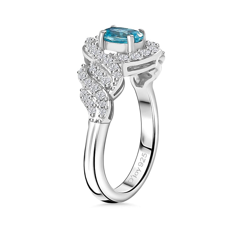 D'Joy Premium Cambodian Blue Zircon and Moissanite 1.20 ctw Infinity Ring in Rhodium Over Sterling Silver (Size 10.0)