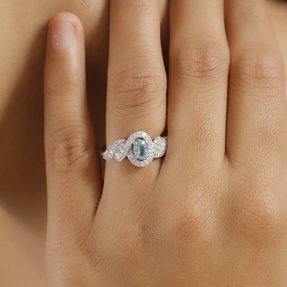 Premium Cambodian Blue Zircon and Moissanite 1.20 ctw Infinity Ring in Rhodium Over Sterling Silver (Size 6.0) image number 2