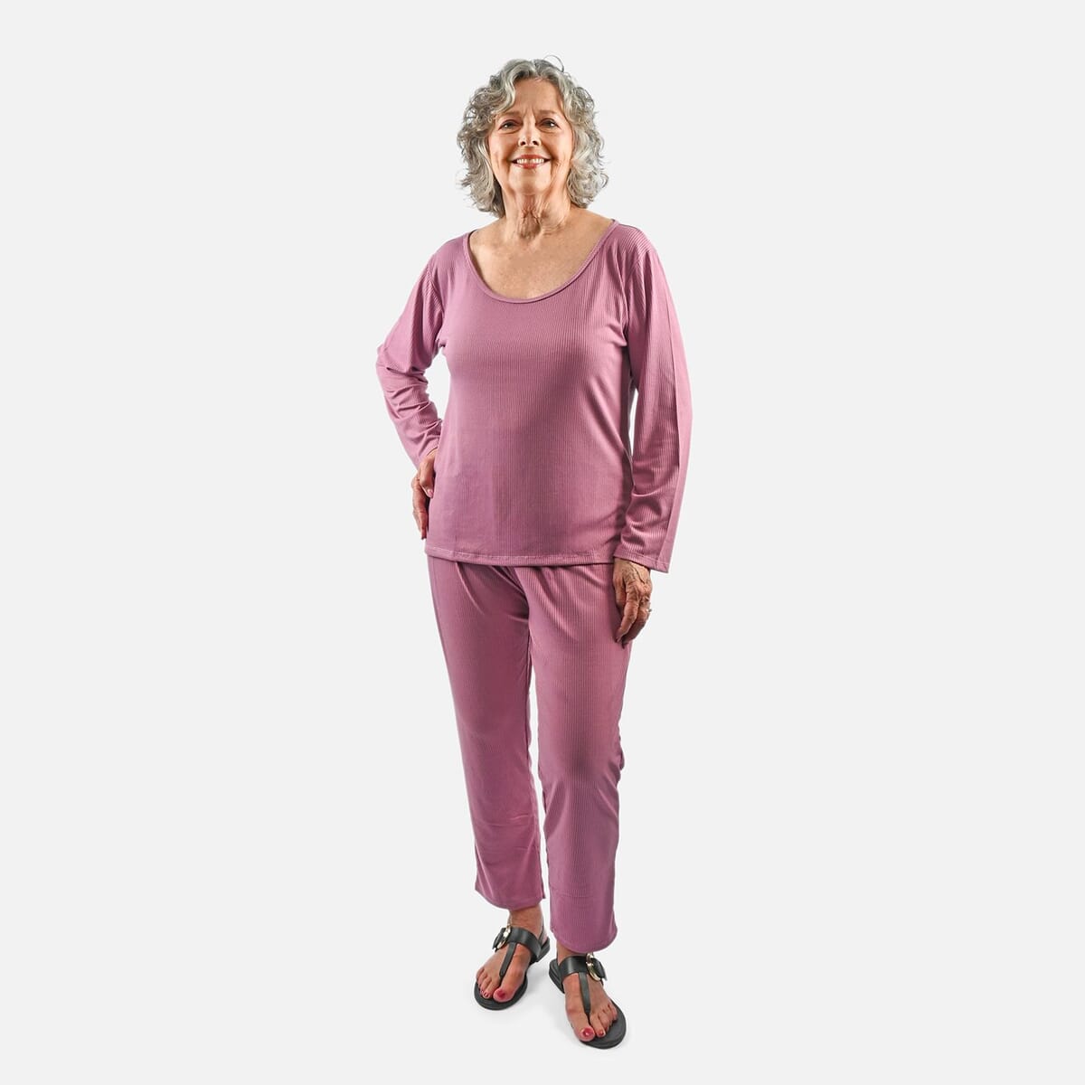 Tamsy Fig Rib Knit Long Sleeve Lounge Set - M image number 0