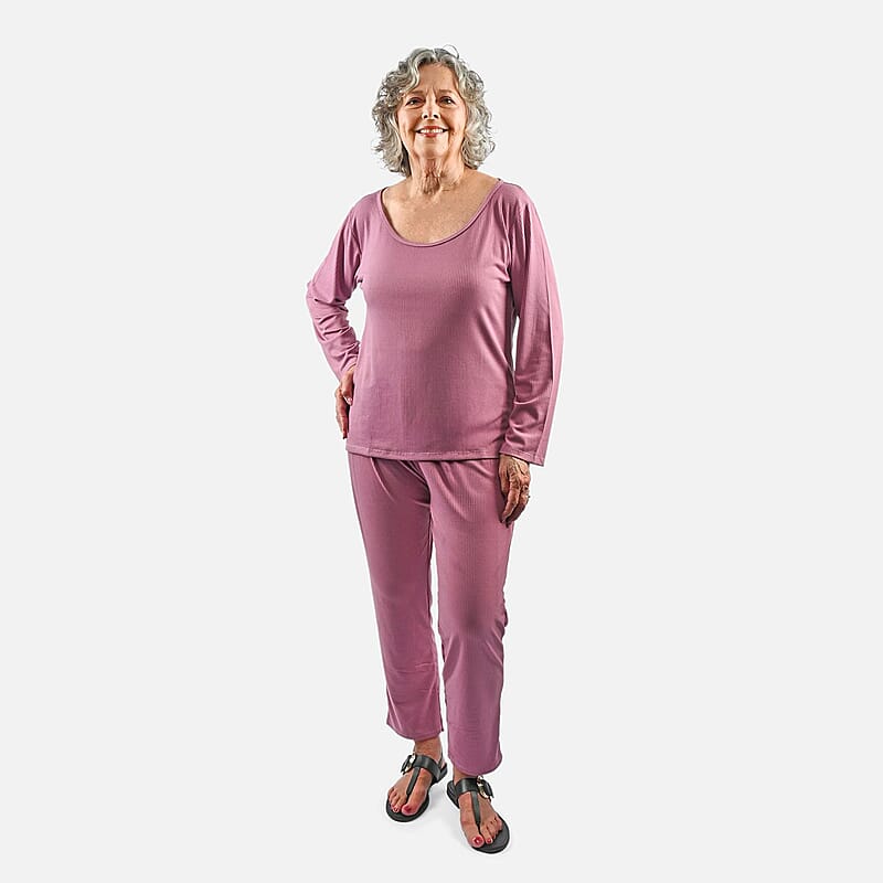 Tamsy Fig Rib Knit Long Sleeve Lounge Set - M