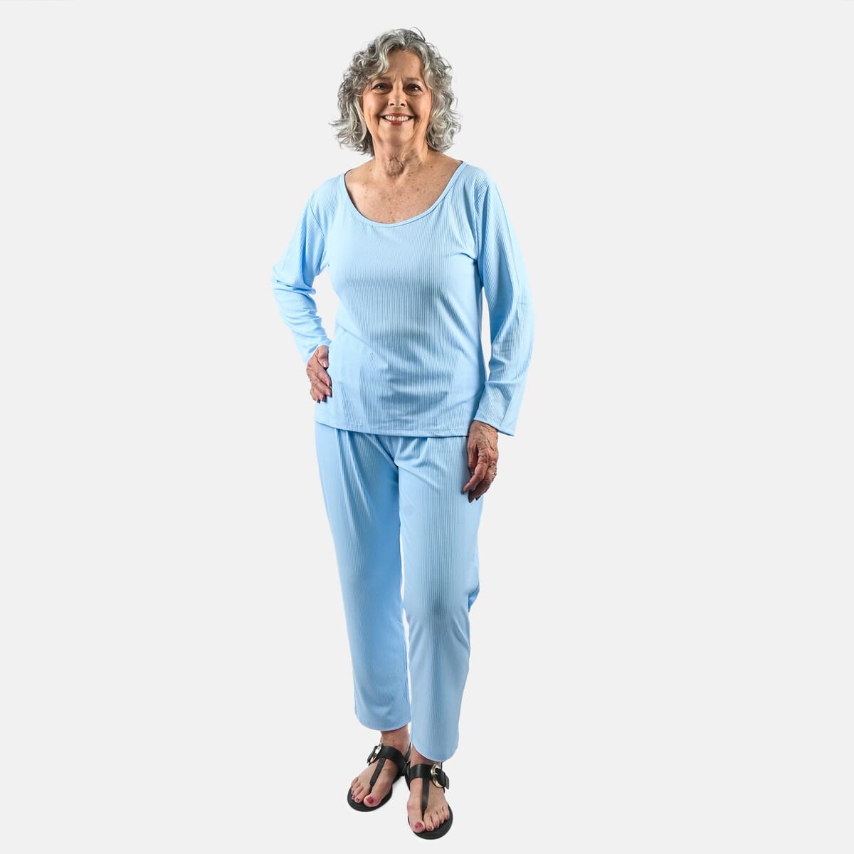 Tamsy Baby Blue Rib Knit Long Sleeve Lounge Set - L image number 0