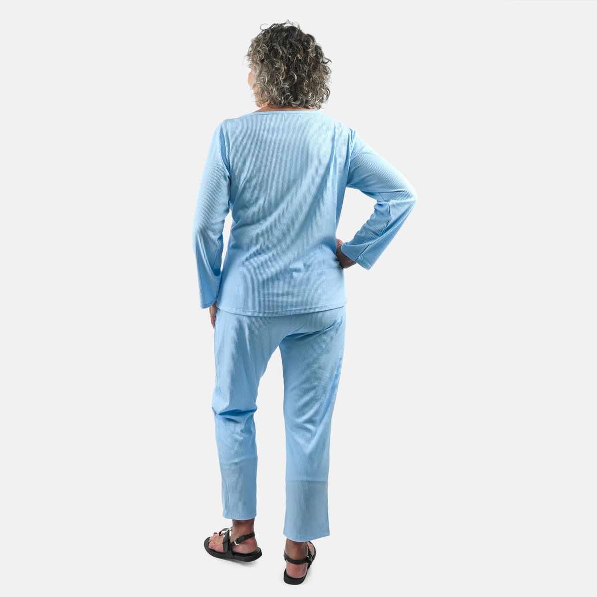 Tamsy Baby Blue Rib Knit Long Sleeve Lounge Set - L image number 1