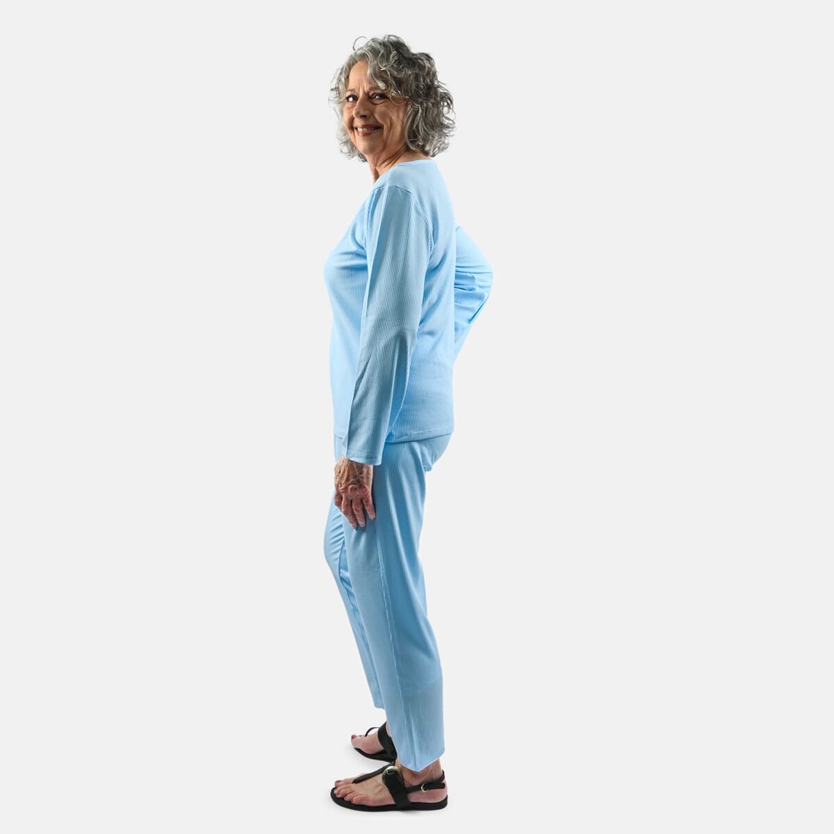 Tamsy Baby Blue Rib Knit Long Sleeve Lounge Set - L image number 2