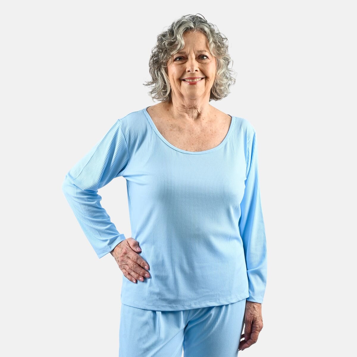 Tamsy Baby Blue Rib Knit Long Sleeve Lounge Set - L image number 3