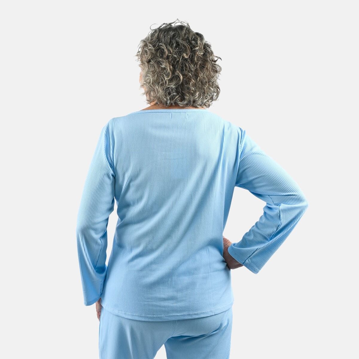 Tamsy Baby Blue Rib Knit Long Sleeve Lounge Set - L image number 4
