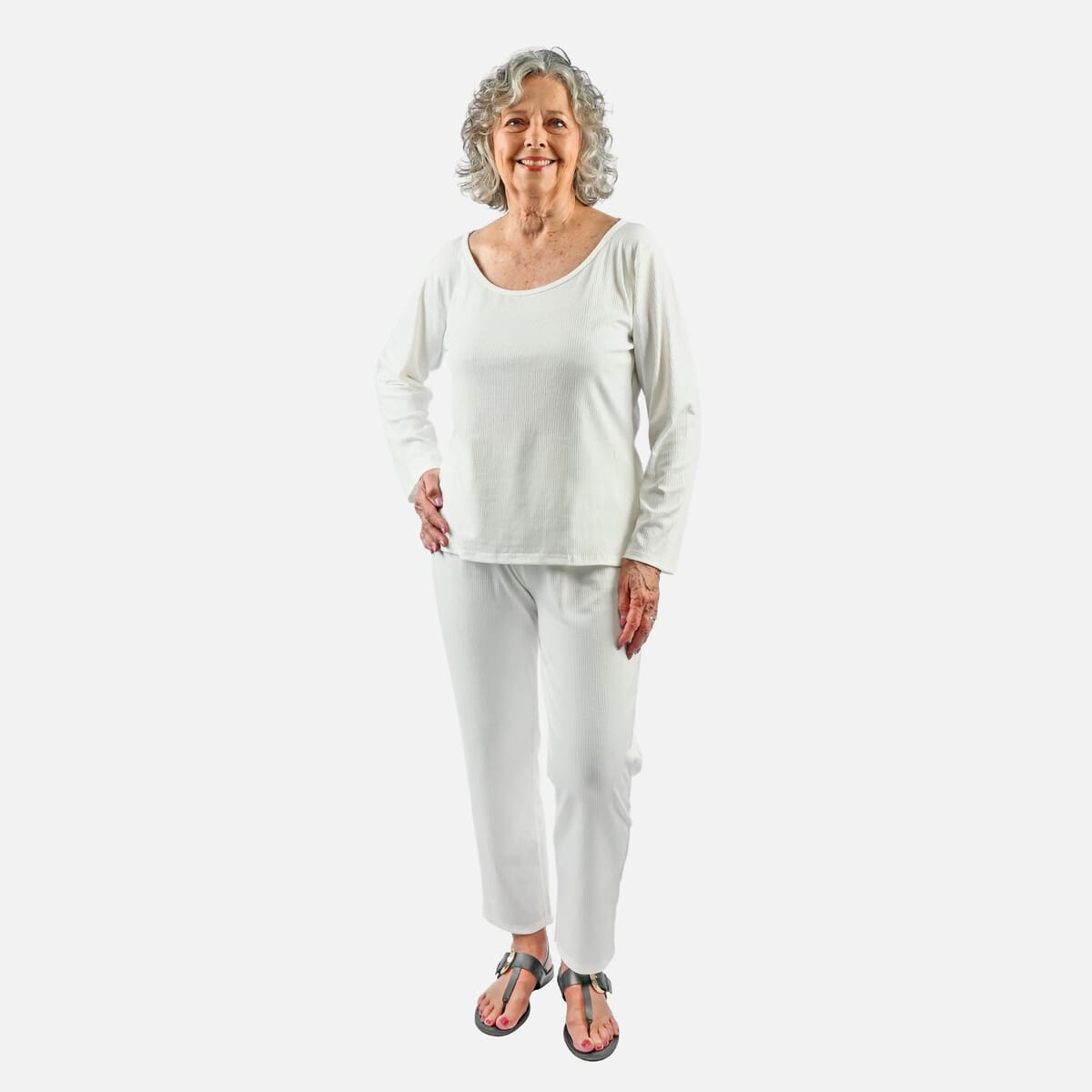 Tamsy White Rib Knit Long Sleeve Lounge Set - XL image number 0
