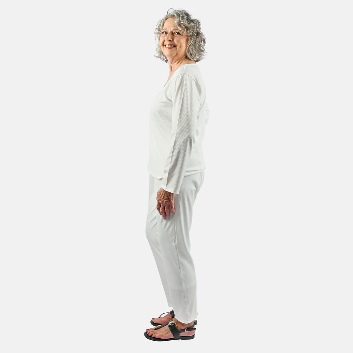 Tamsy White Rib Knit Long Sleeve Lounge Set - XL image number 2