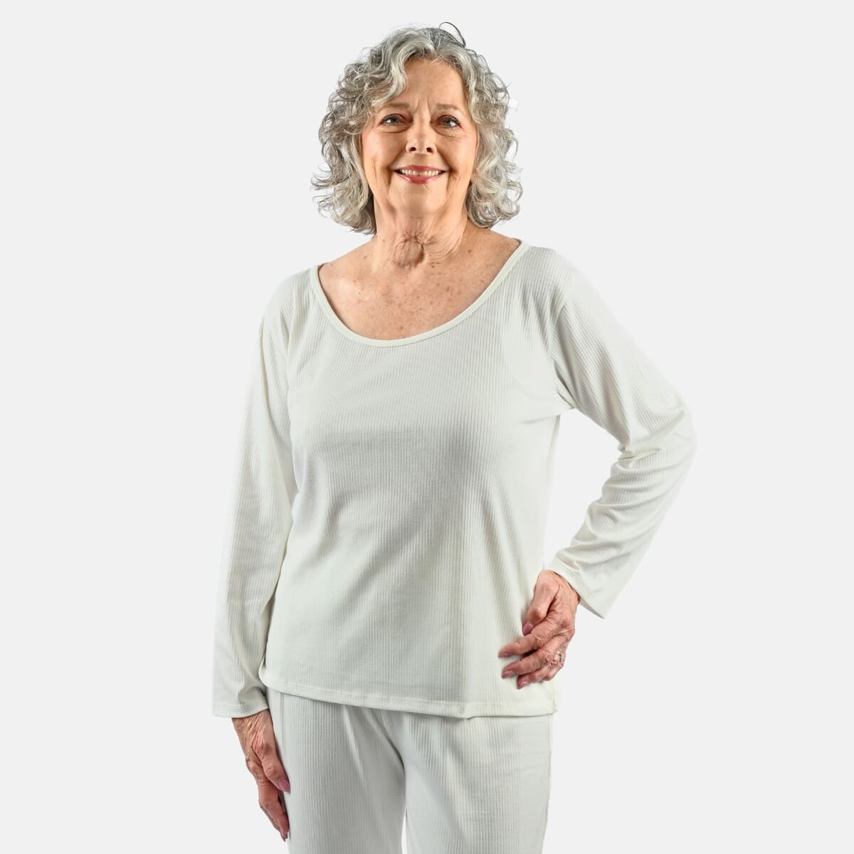 Tamsy White Rib Knit Long Sleeve Lounge Set - XL image number 3