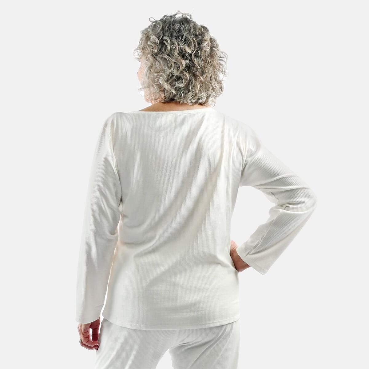 Tamsy White Rib Knit Long Sleeve Lounge Set - XL image number 4