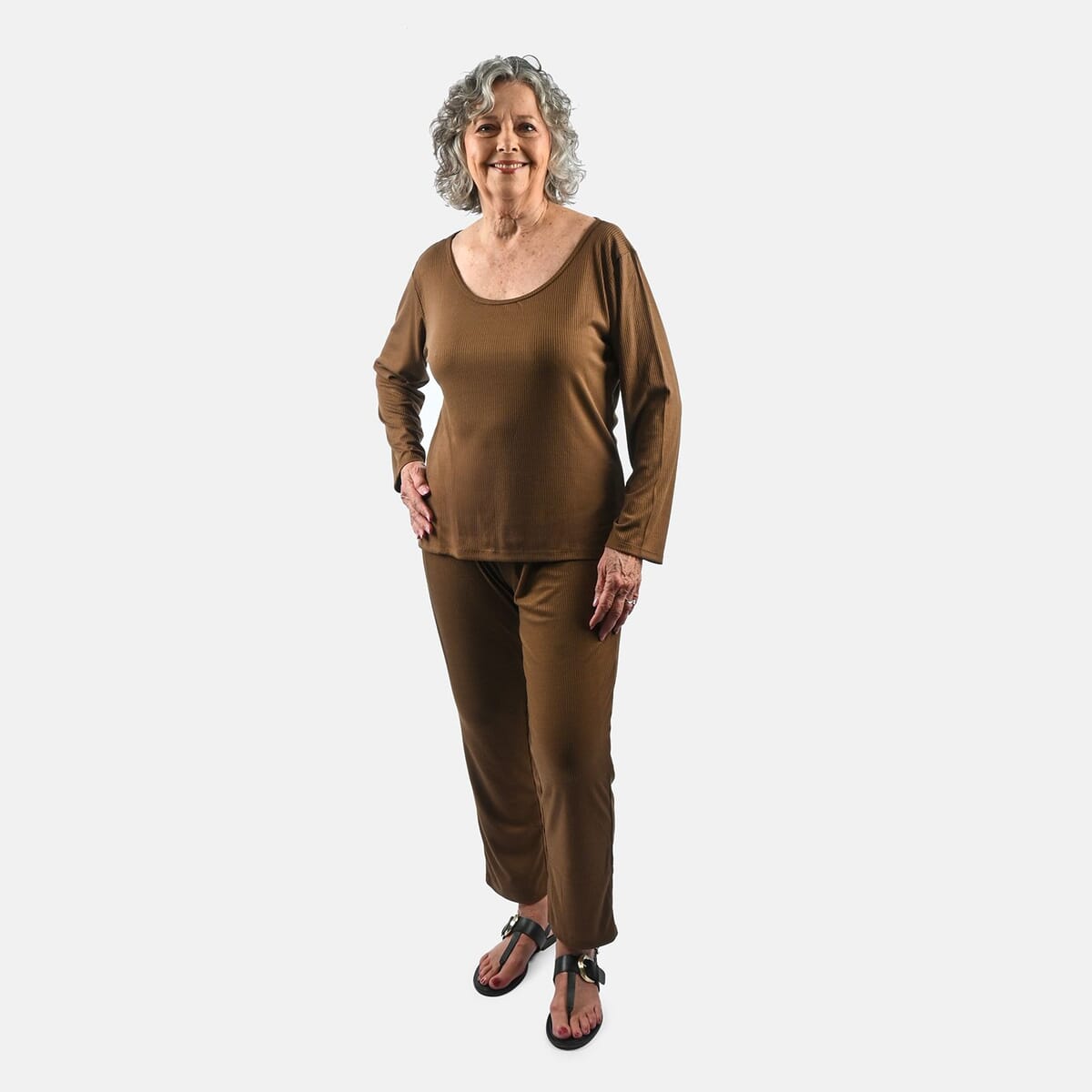 Tamsy Chocolate Rib Knit Long Sleeve Lounge Set - L image number 0