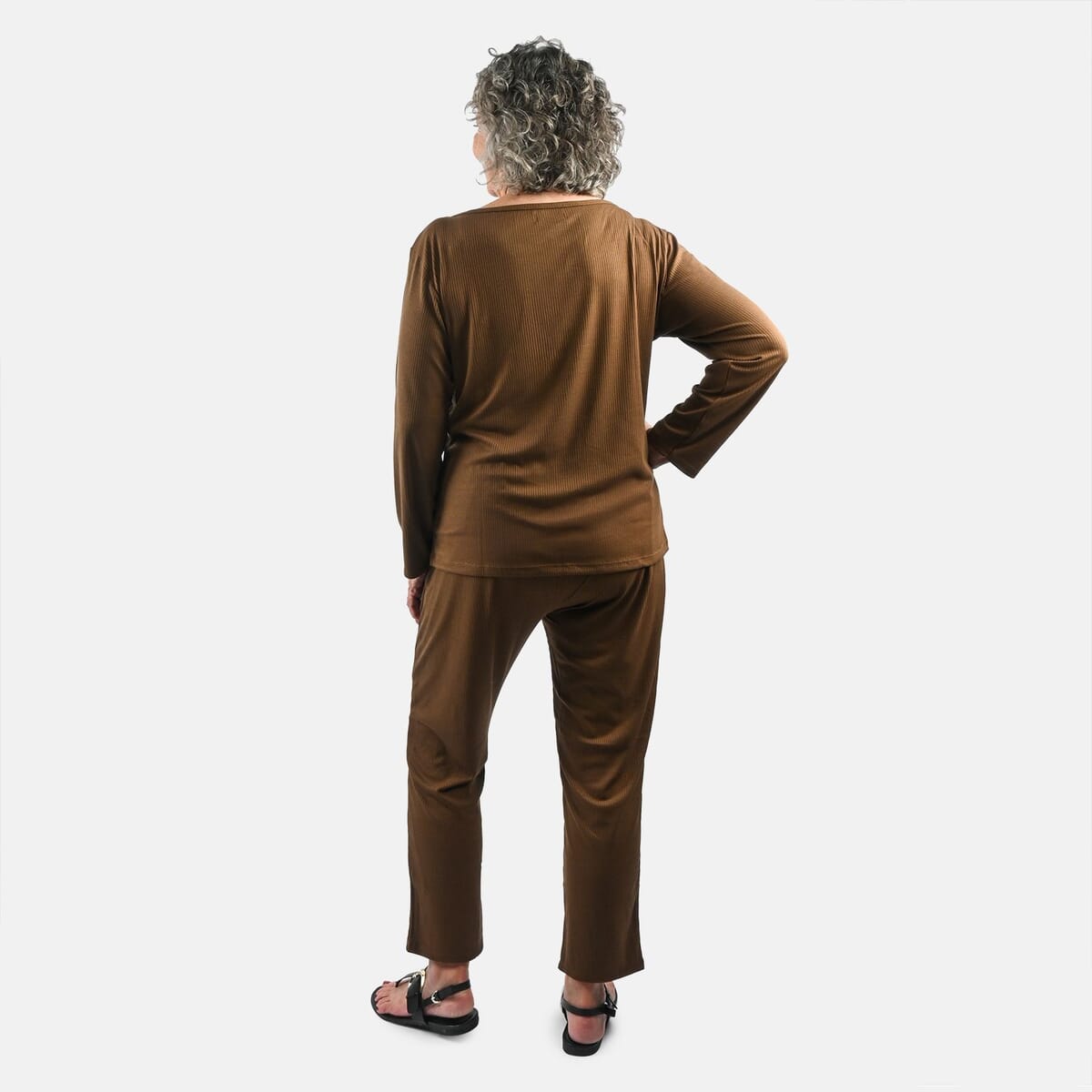 Tamsy Chocolate Rib Knit Long Sleeve Lounge Set - L image number 1